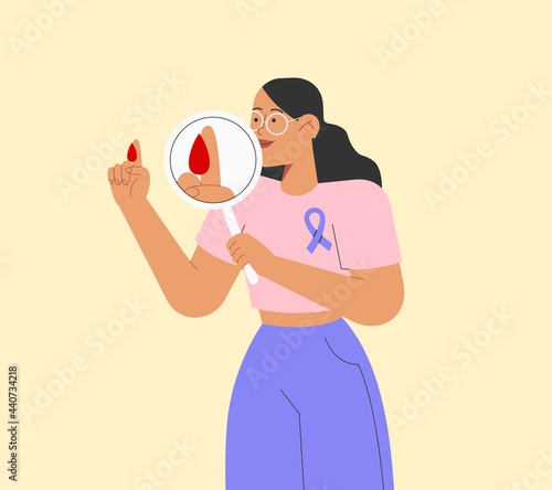 Flat vector illustration with female character checking blood sugar level or gives blood for analysis. Concept of laboratory analysis.