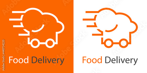 Logo con texto Food Delivery con sombrero de cocinero con ruedas y con lineas de velocidad en color gris