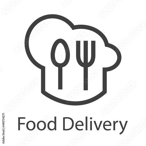 Logo con texto Food Delivery con sombrero de cocinero con tenedor y cuchara con lineas en color gris