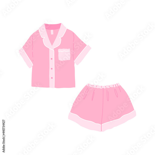 Cozy cute homewear. Pretty comfy pajamas, shirt and shorts. Vector flat illustration isolated on white background.