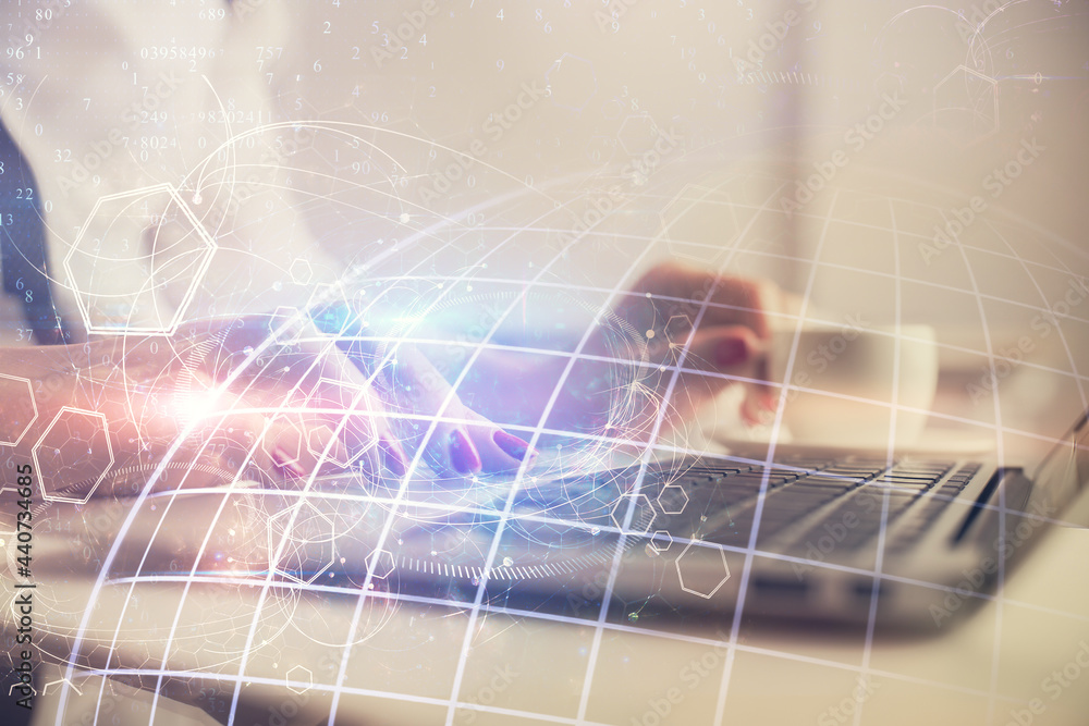 Naklejka premium Double exposure of woman hands working on computer and world map hologram drawing. International technology business concept.