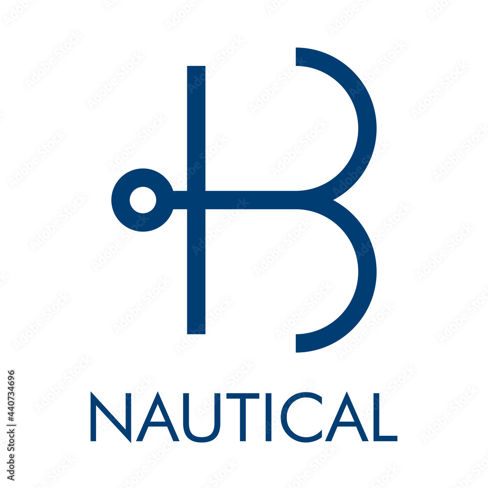 Logotipo con ancla de barco con forma de letra inicial B y texto Nautical en color azul Logotipo con ancla de barco con forma de letra inicial B y texto Nautical en color azul