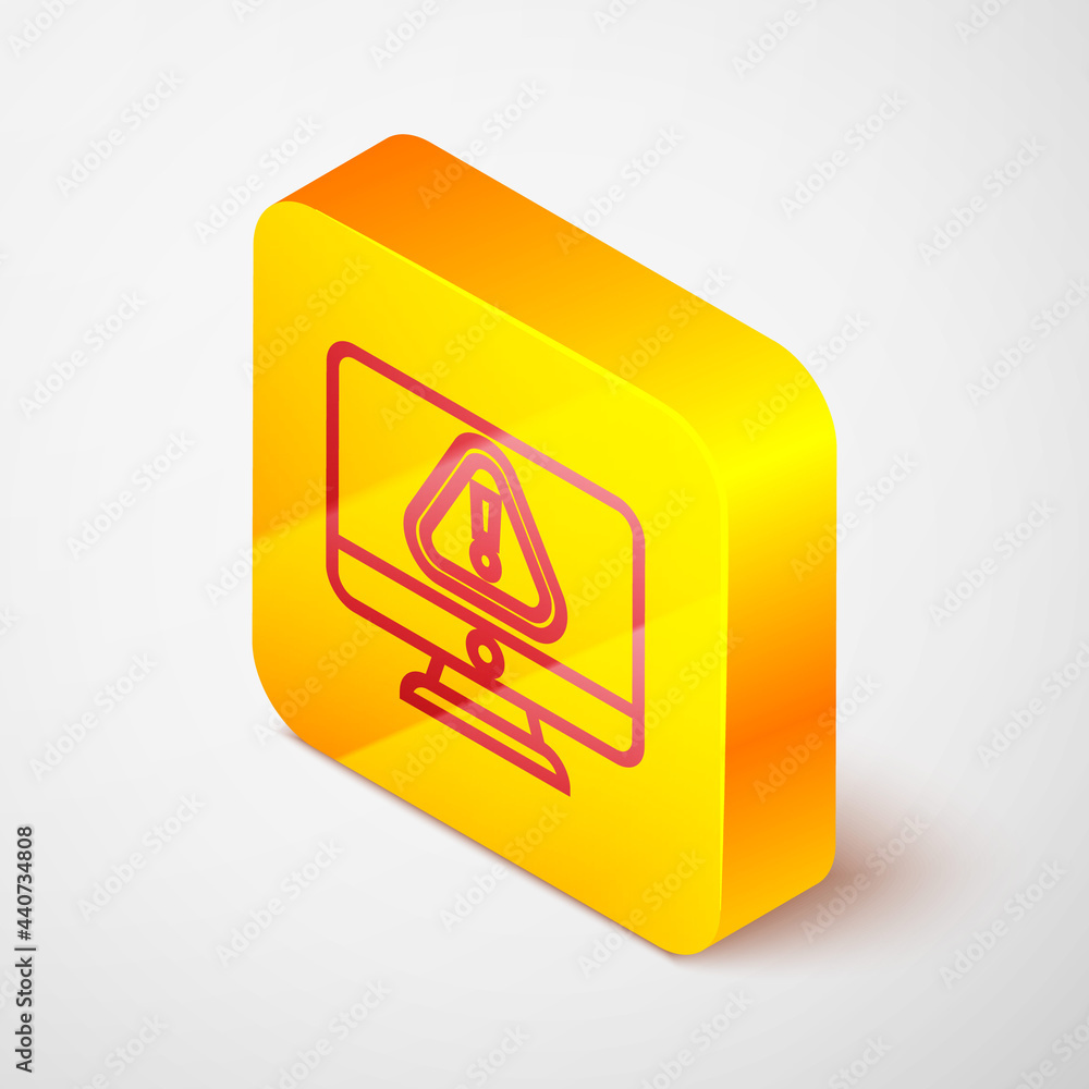 Isometric line Computer monitor with exclamation mark icon isolated on grey background. Alert message smartphone notification. Yellow square button. Vector Illustration Isometric line Computer monitor with exclamation mark icon isolated on grey background. Alert message smartphone notification. Yellow square button. Vector Illustration