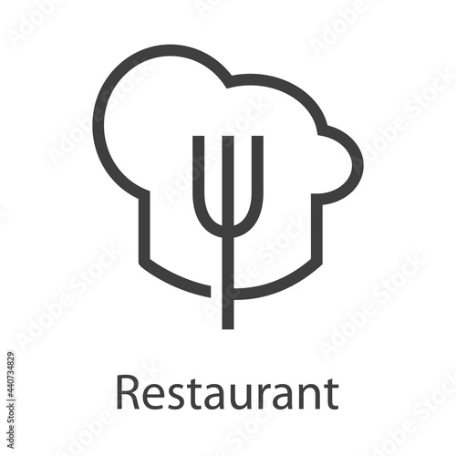 Logotipo con texto Restaurant con sombrero de cocinero con tenedor con lineas en color gris
