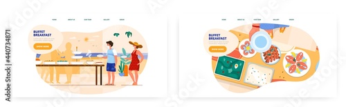 Buffet breakfast landing page design, website banner vector template set. Hotel, resort restaurant catering business.