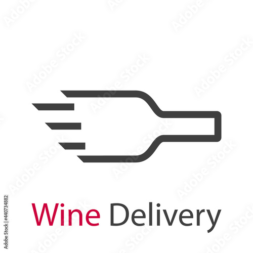 Logotipo con texto Wine Delivery con silueta de botella de vino con lineas de velocidad en color gris