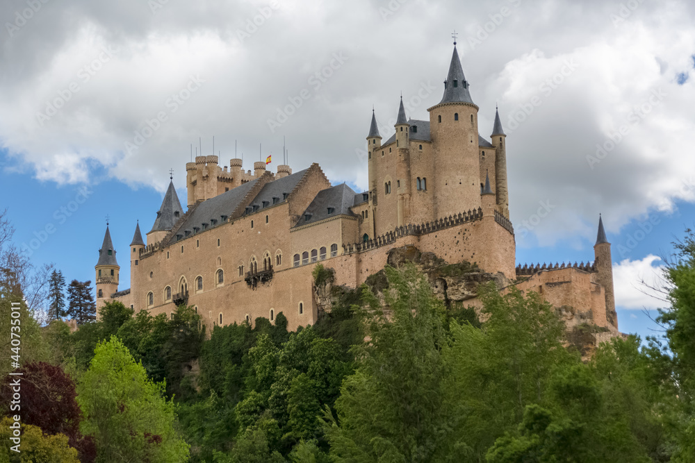 Majestic detailed front view at the iconic spanish medieval castle palace Alcázar of Segovia