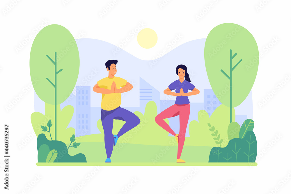 Yoga class in park. Young male and female character stand in tree pose. Outdoor meditation and physical warmup green summer playground. Training body and mind. Vector flat illustration
