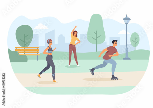 Morning sports in park. Girl with headphones jogging. Guy on roller skates rushes merrily along track. Get active start to day with fitness. Woman stretching on grass. Vector flat illustration