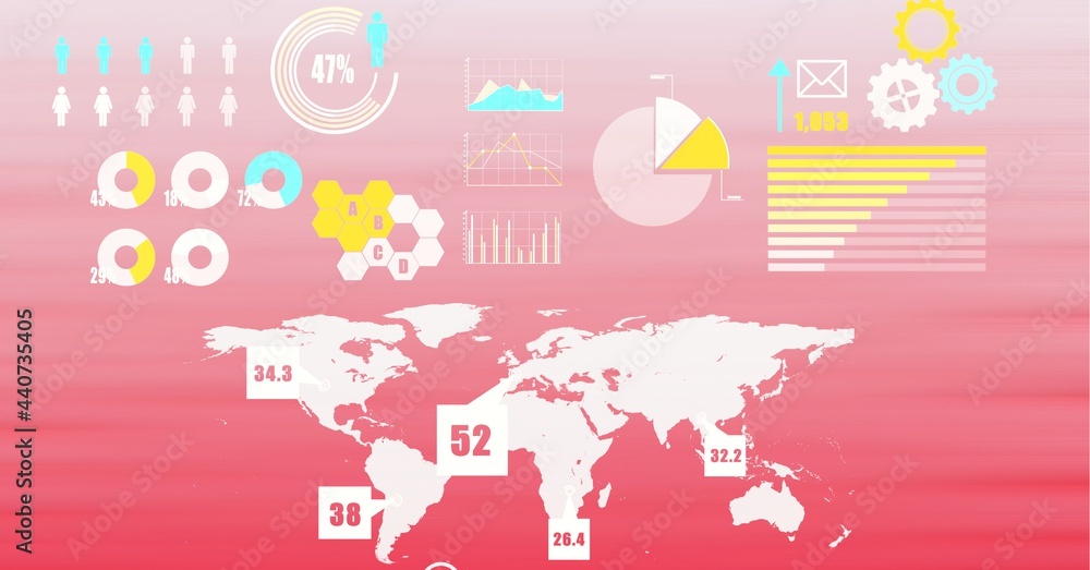 Obraz premium Digital interface with data processing over world map against pink gradient background