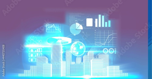 Digital interface with data processing over 3d city model against purple background