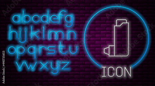 Glowing neon line Inhaler icon isolated on brick wall background. Breather for cough relief, inhalation, allergic patient. Neon light alphabet. Vector Illustration