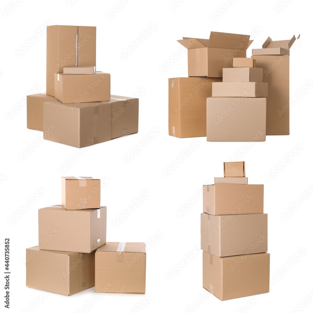 Set with different cardboard boxes on white background Set with different cardboard boxes on white background