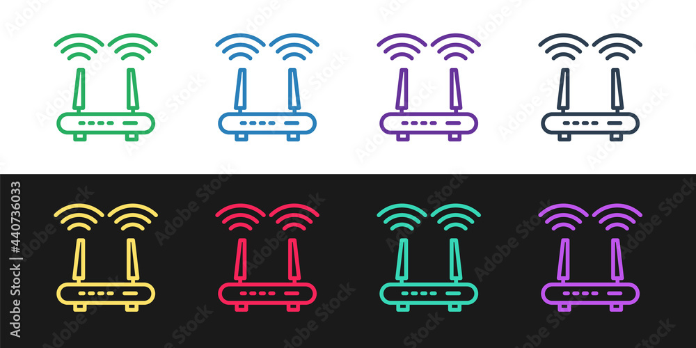 Set line Router and wi-fi signal icon isolated on black and white background. Wireless ethernet modem router. Computer technology internet. Vector Set line Router and wi-fi signal icon isolated on black and white background. Wireless ethernet modem router. Computer technology internet. Vector