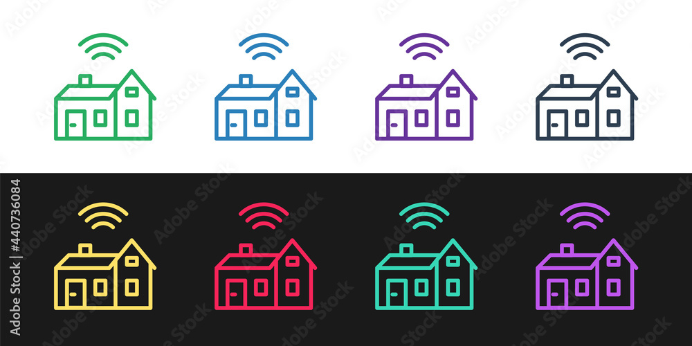 Set line Smart home with wireless icon isolated on black and white background. Remote control. Internet of things concept with wireless connection. Vector