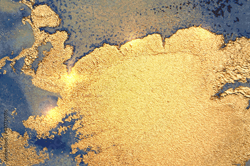 Vinatge shining abstract gold and blue marble pattern with sparkles. Vector background in alcohol ink technique with glitter. Template for banner, poster design. Fluid art painting
