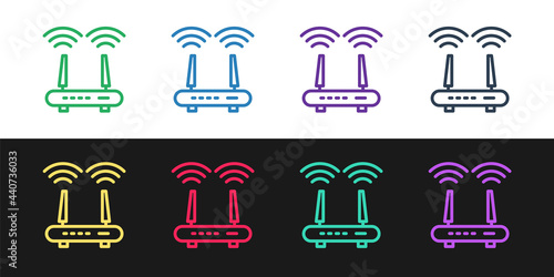 Set line Router and wi-fi signal icon isolated on black and white background. Wireless ethernet modem router. Computer technology internet. Vector