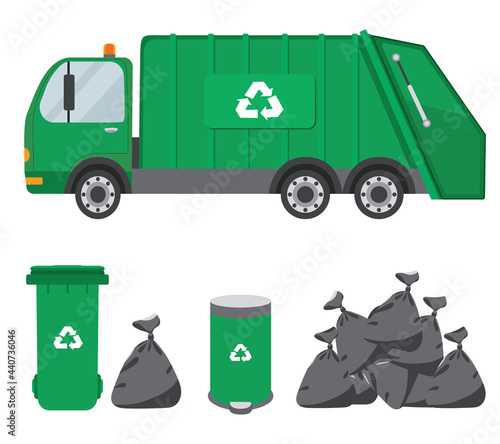 green garbage truck and rubbish in flat style, hospital isolated, vector