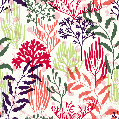 Coral reef seamless pattern., Caribbean staghorn and pillar corals diversity.