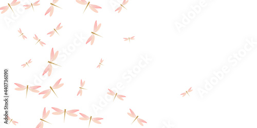 Magic rosy pink dragonfly flat vector background. Summer funny insects. Fancy dragonfly flat dreamy wallpaper. Tender wings damselflies graphic design. Garden beings