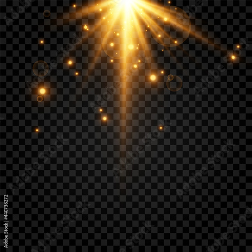 Golden light. A flash of light  a magical glow  particles of sparks. Sun  sun rays png. Light png. Vector image.