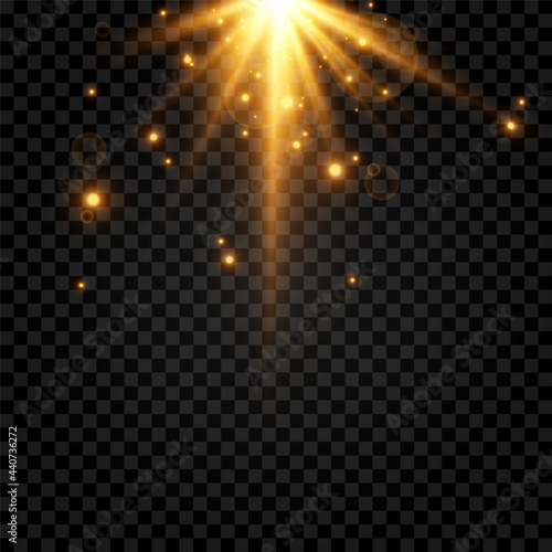 Golden light. A flash of light, a magical glow, particles of sparks. Sun, sun rays png. Light png. Vector image.