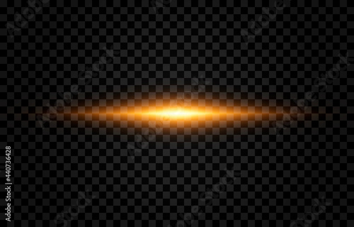 Gold line of light. Magic glow, horizontal flash. Glowing line png. Vector image.