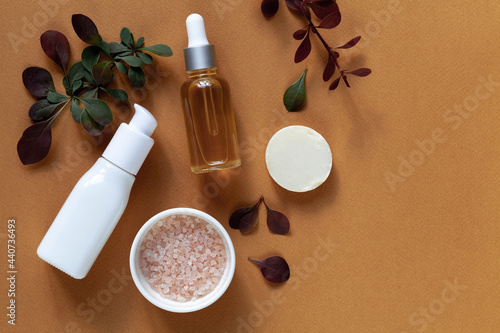 Natural organic cosmetics with herbal ingredients: salt, lotion, cream, soap