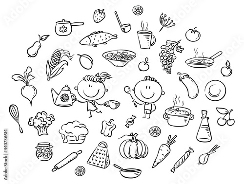Stick Kids Clipart Cooking Food Set, black and white