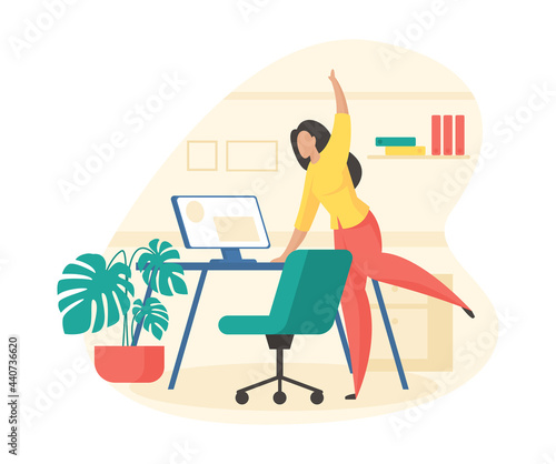 Fitness break in office. Female character is doing stretching holding on computer desk. Active minutes warmup after long sitting. Muscle relaxation and good mood. Vector illustration isolated