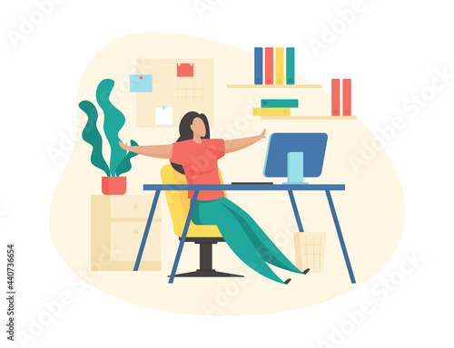 Muscle relaxation during work. Woman watches video fitness and repeats movements. Restoring body tone after long hours sitting. Active warm up and good mood. Vector illustration isolated.