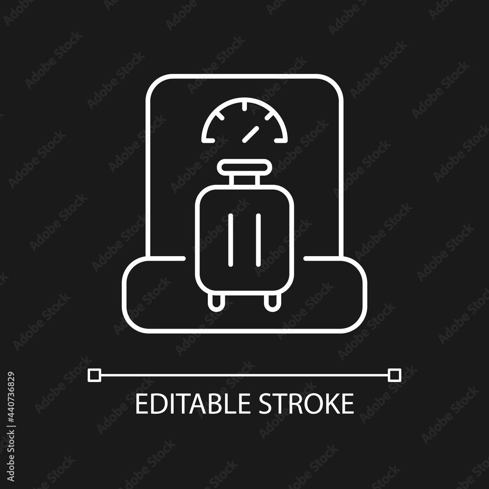Baggage weight white linear icon for dark theme. Luggage weighing in airport. Suitcase check. Thin line customizable illustration. Isolated vector contour symbol for night mode. Editable stroke Baggage weight white linear icon for dark theme. Luggage weighing in airport. Suitcase check. Thin line customizable illustration. Isolated vector contour symbol for night mode. Editable stroke