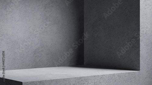 Minimal cosmetic background for product presentation. Sunshade shadow on beige plaster wall. 3d render illustration.