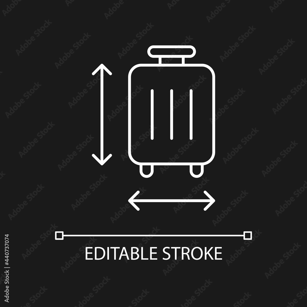 Baggage size white linear icon for dark theme. Measuring luggage for airport regulation. Thin line customizable illustration. Isolated vector contour symbol for night mode. Editable stroke Baggage size white linear icon for dark theme. Measuring luggage for airport regulation. Thin line customizable illustration. Isolated vector contour symbol for night mode. Editable stroke