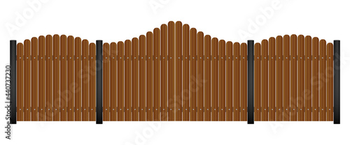 Wooden slats fence and gate and metal poles, vector illustration