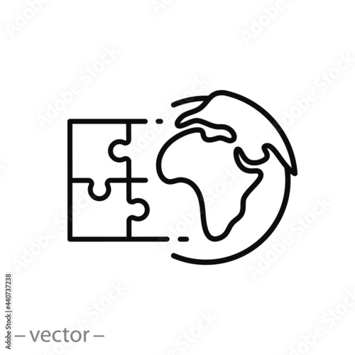 united international community icon, world map with puzzle, global business partnership, jigsaw planet earth, team work formation, thin line vector illustration eps10