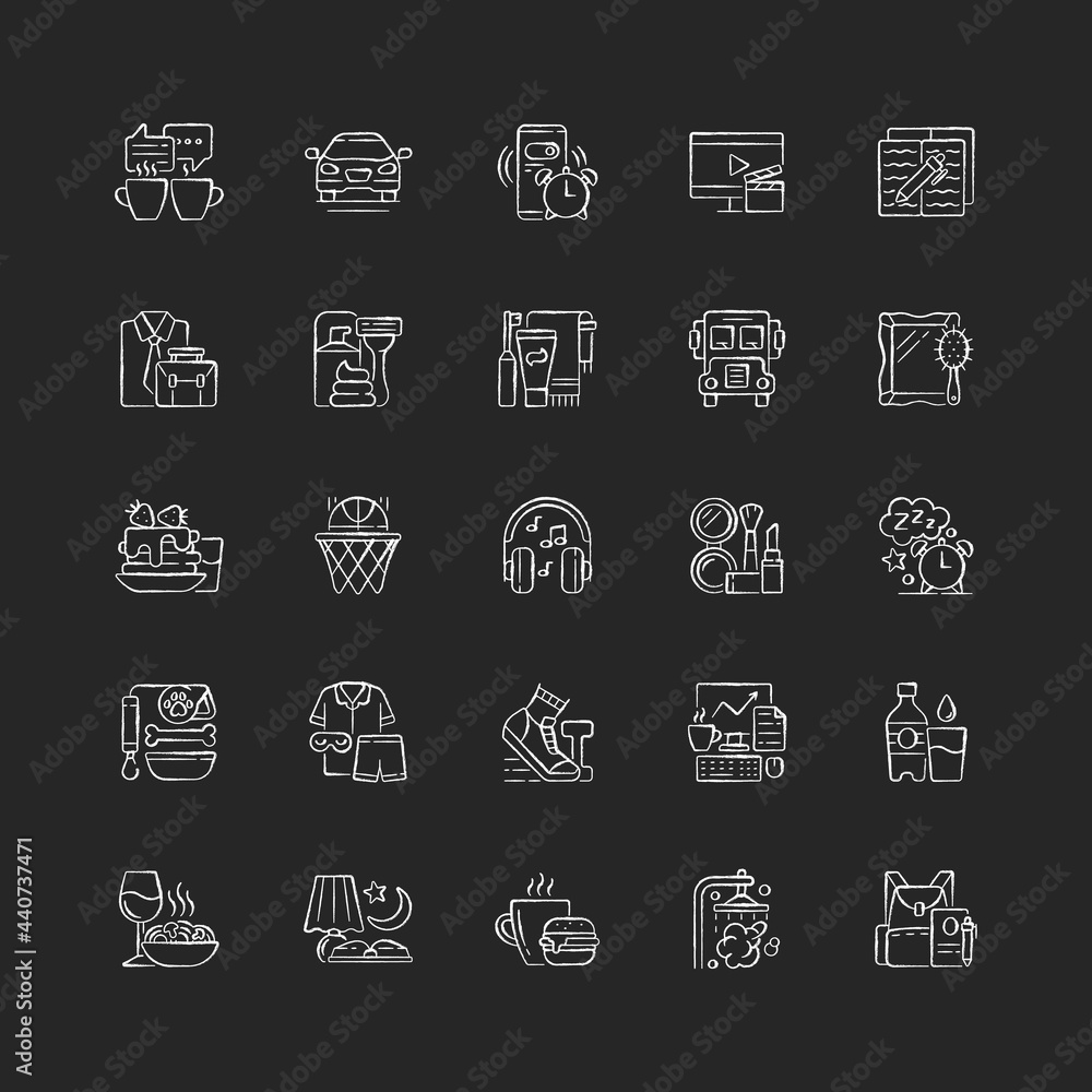 Everyday routine chalk white icons set on dark background. Alarm clock. Coffee break. Tranposrt for transit to work, school. Daily morning, evening. Isolated vector chalkboard illustrations on black Everyday routine chalk white icons set on dark background. Alarm clock. Coffee break. Tranposrt for transit to work, school. Daily morning, evening. Isolated vector chalkboard illustrations on black