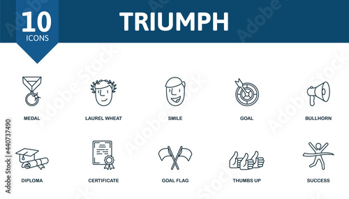 Triumph icon set. Contains editable icons success theme such as medal, smile, bullhorn and more.