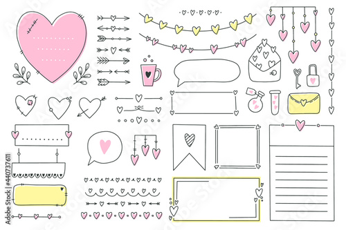 Cute bullet journal element doodles with hearts, love theme.Hand drawn banners and marks for notebook, planner or diary.Frames, borders, vignettes, dividers,notes,lists collection.Vector illustration photo