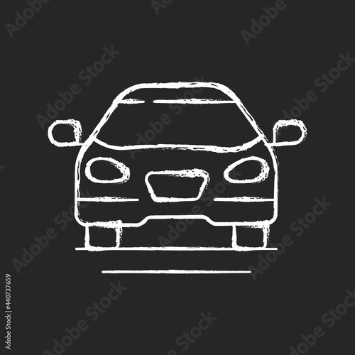 Sedan car chalk white icon on dark background. Fast personal transport. Hybrid auto for family trips. Front of auto. Automobile for everyday transits. Isolated vector chalkboard illustration on black