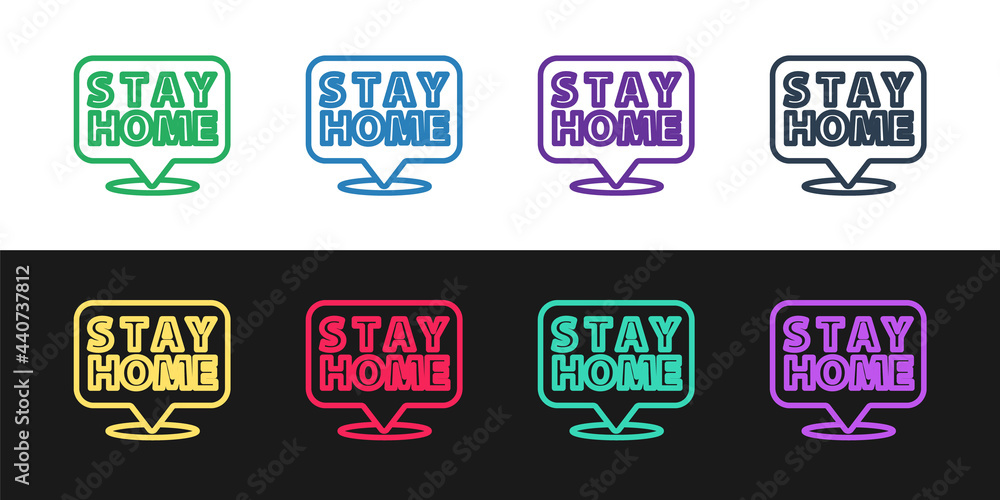 Set line Stay home icon isolated on black and white background. Corona virus 2019-nCoV. Vector.
