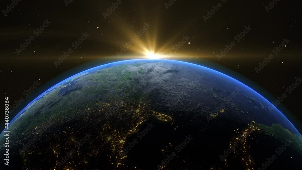 Sunrise and shadow on the earth rotate in space with star in universe. World realistic atmosphere 3D volumetric clouds texture surface. Elements of this image are furnished by NASA Sunrise and shadow on the earth rotate in space with star in universe. World realistic atmosphere 3D volumetric clouds texture surface. Elements of this image are furnished by NASA