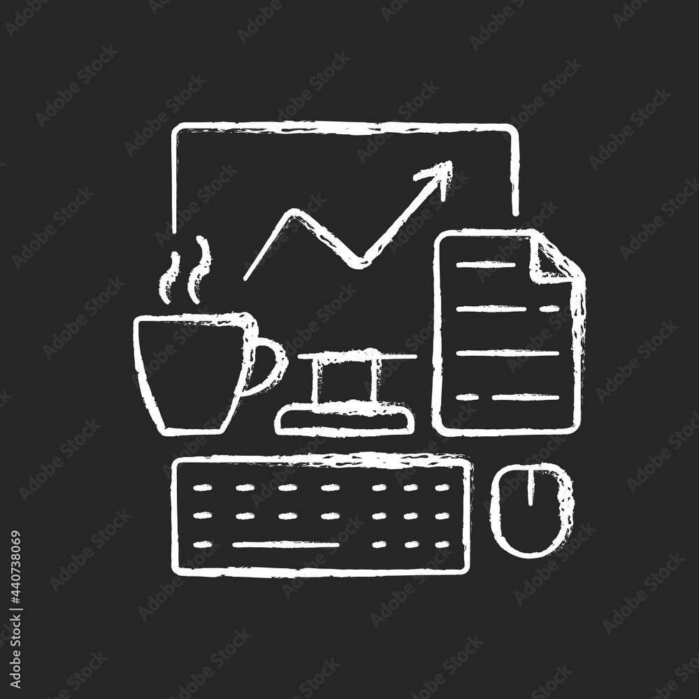 Computer office chalk white icon on dark background. Freelancer workplace. Worker desk. Daily workflow. Remote work. Everyday routine. Isolated vector chalkboard illustration on black Computer office chalk white icon on dark background. Freelancer workplace. Worker desk. Daily workflow. Remote work. Everyday routine. Isolated vector chalkboard illustration on black