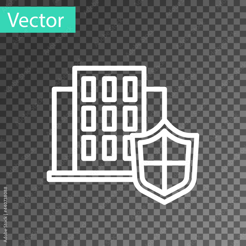 White line House with shield icon isolated on transparent background. Insurance concept. Security, safety, protection, protect concept. Vector. White line House with shield icon isolated on transparent background. Insurance concept. Security, safety, protection, protect concept. Vector.