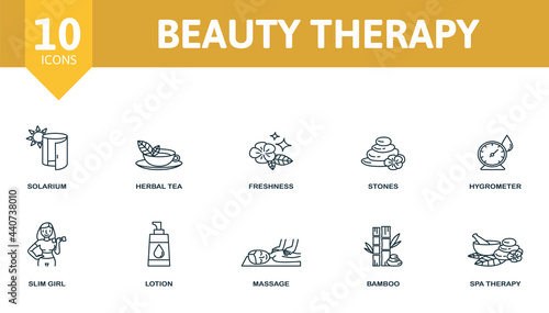 Beauty Therapy icon set. Contains editable icons spa therapy theme such as solarium, freshness, hygrometer and more.