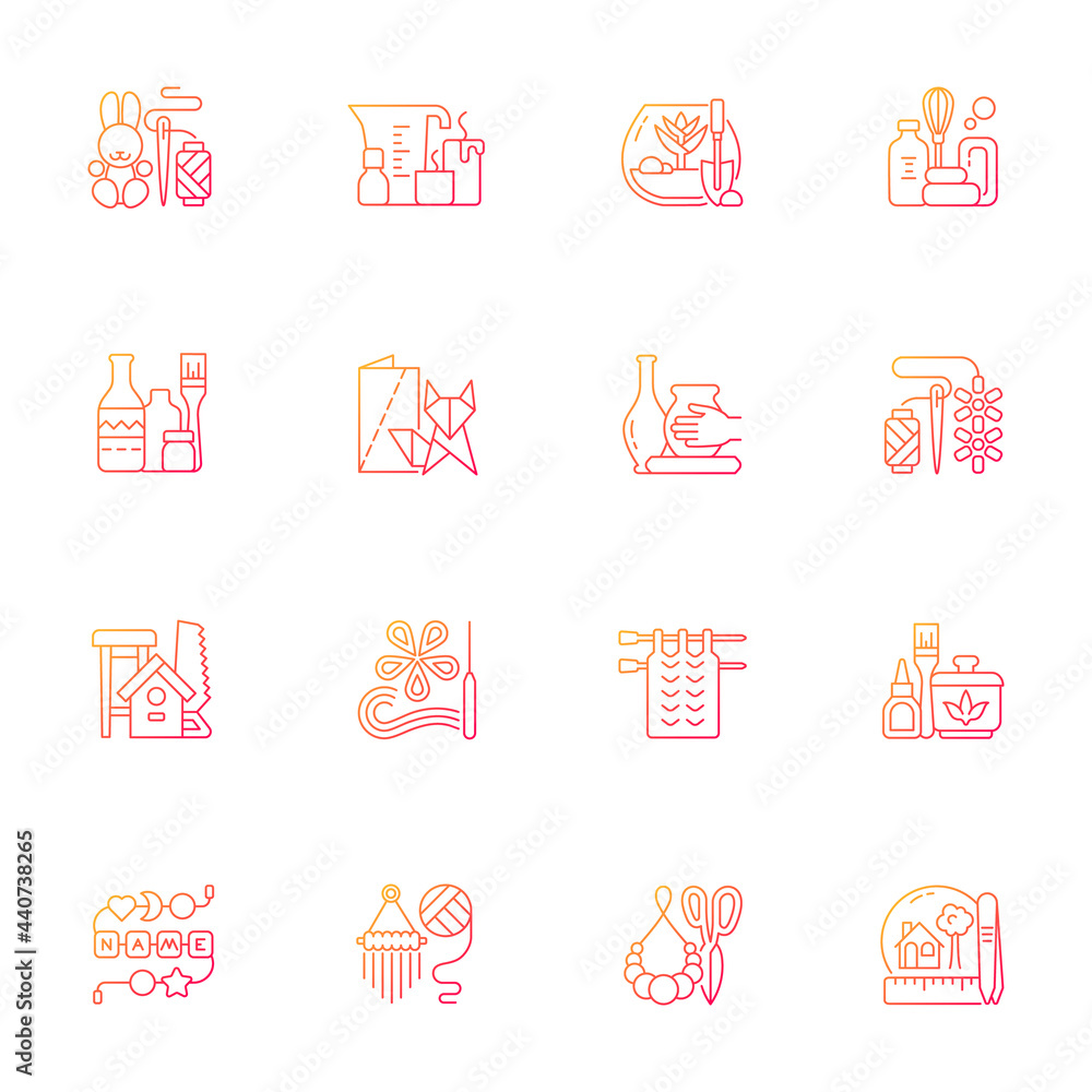 Trending hobbies gradient linear vector icons set. Home business. Boho style. Craft activity. Creative reuse. Thin line contour symbols bundle. Isolated vector outline illustrations collection