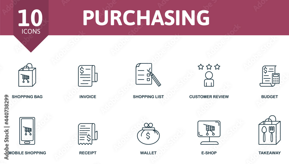 Purchasing icon set. Contains editable icons shopping theme such as shopping bag, shopping list, budget and more.