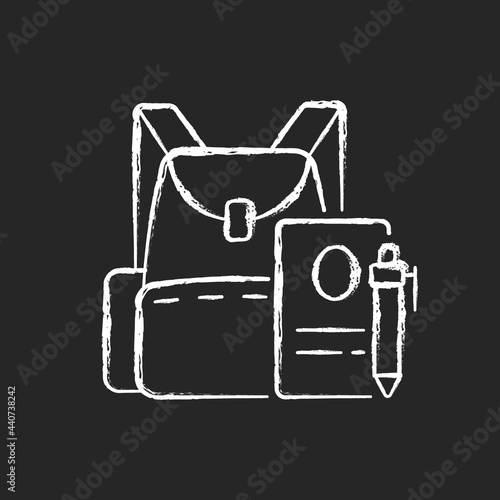 Backpack chalk white icon on dark background. Preparing for school classes. Schoolbag with notebook for student. Rucksack with college items. Isolated vector chalkboard illustration on black