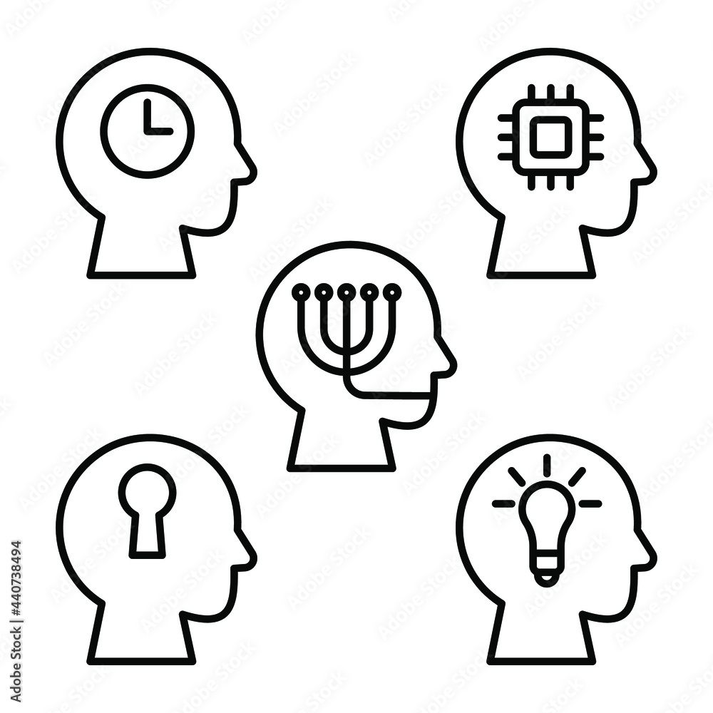 Collection of human head icons with intelligence or vector illustration, isolated sign symbol vector. High quality black style vector icon collection. Collection of human head icons with intelligence or vector illustration, isolated sign symbol vector. High quality black style vector icon collection.