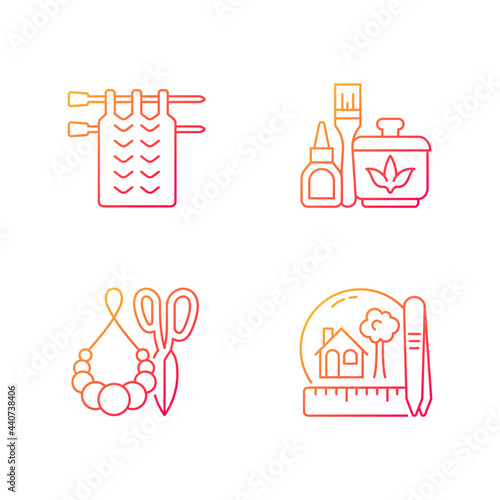 Creative crafts gradient linear vector icons set. Knitting. Handmade pom pom jewelry. Decoupage. Creating miniatures. Thin line contour symbols bundle. Isolated vector outline illustrations collection